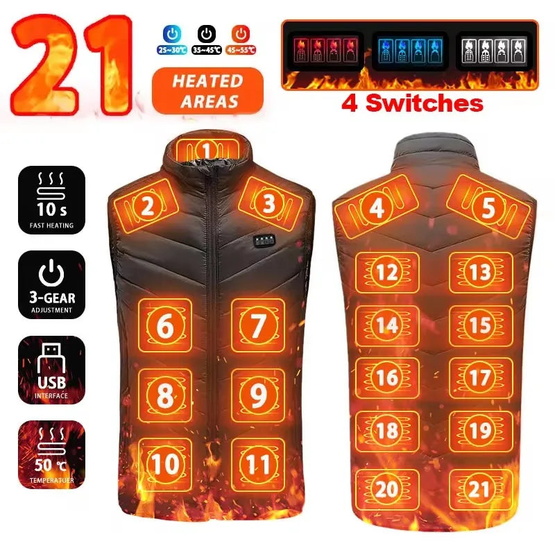 ThermoLayer Gear™ Graphene Heated Vest – 2 to 21 Zone Adjustable USB Heating Jacket for Men & Women